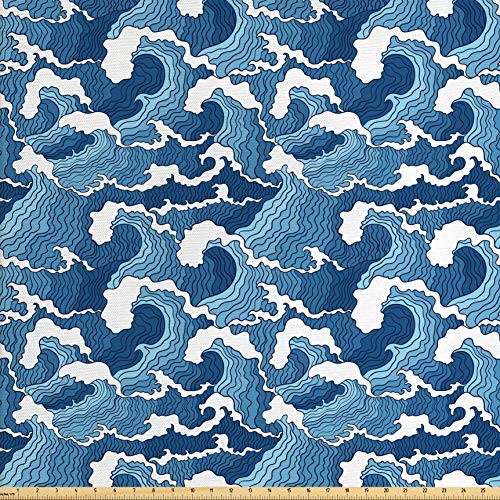 Lunarable Japanese Wave Fabric by The Yard_ Stormy Sea with Abstract Chinese Folk Art Influences_ Decorative Fabric for Upholstery and Home Accents_ 2