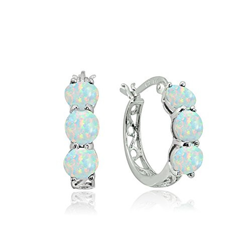 Sterling Silver Synthetic White Opal Round Filigree Three Stone Hoop Earrings
