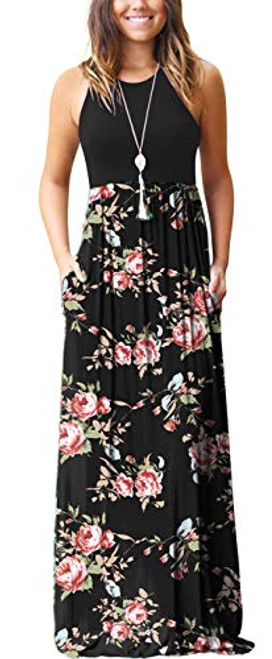 GRECERELLE Womens Sleeveless Racerback Loose Plain Maxi Dress Floral Print Casual Long Dresses with Pockets FP_Rose Black_XX_Large GRECERELLE Womens Sleeveless Racerback Loose Plain Maxi Dress Floral Print Casual Long Dresses with Pockets FP_Rose Black_XX_Large