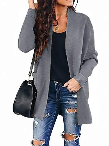 ZESICA Womens Long Sleeves Open Front Leopard Print Knitted Sweater Cardigan Coat Outwear with Pockets_L_Solidmidgrey