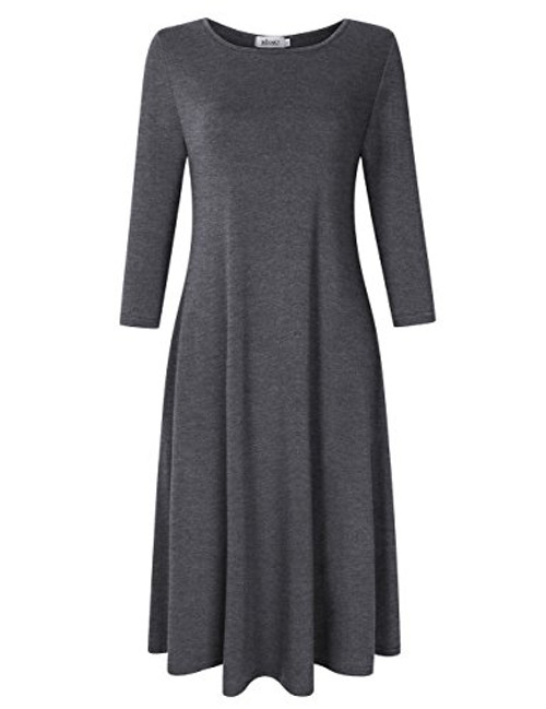 MISSKY Womens Scoop Neck 34 Sleeve Pockets Midi Loose Swing Casual Dress 3XL_Grey