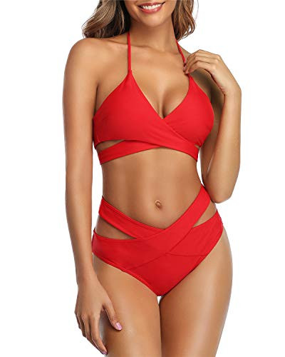 Temptme Women Bandage Bikini Set Two Piece Halter Swimsuits Criss Cross Wrap Bathing Suits Red