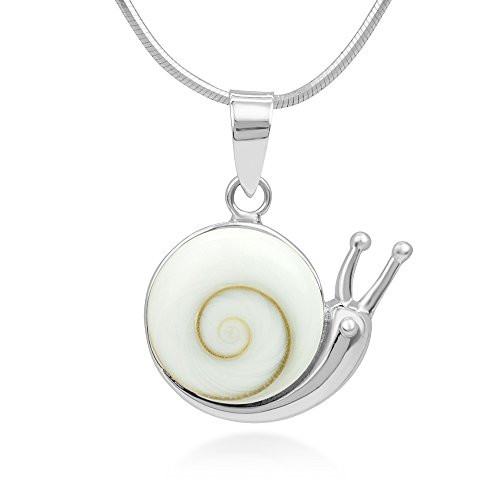 925 Sterling Silver Adorable Shiva Eye Shell Snail Inlay Round Pendant Necklace_ 18 inch  Chain