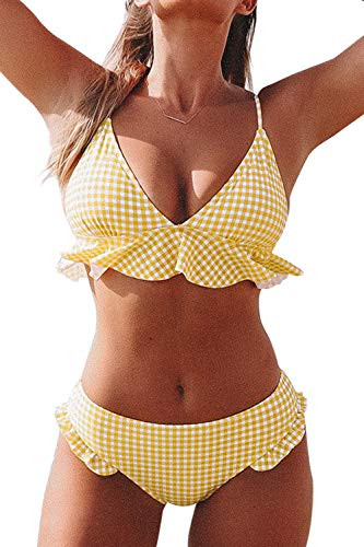 CUPSHE Womens Rambling Rose High_Waisted Push Up Bikini Set  Large  USA 1214 _ Yellow White