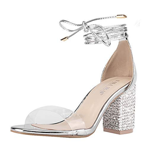 Womens Heels Sandals with Rhinestone Strappy Open Toe Clear Block Mid Heels Party Pumps Shoes for Party Wedding
