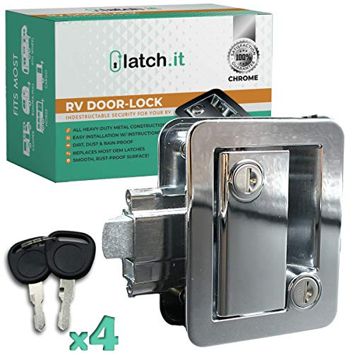 LATCH_IT Chrome RV Door Latch  RV Door Locks for Travel Trailers  Travel Trailer Door Latch  100 percent  Metal Camper Door Lock w 4 Camper Keys  Trailer