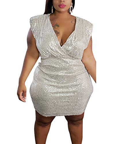 IyMoo Womens Sequin Dress Plus Size V Neck Party Cocktail Sparkle Glitter Evening Stretchy Mini Bodycon Dresses Silver XL