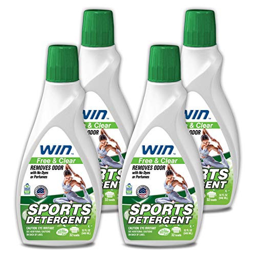 WIN Sports Detergent _ Free and Clear  Green  4 Bottles _ Specially Formulated for Sweaty Workout Clothes _ Removes Odor from Running Gym and Activewe