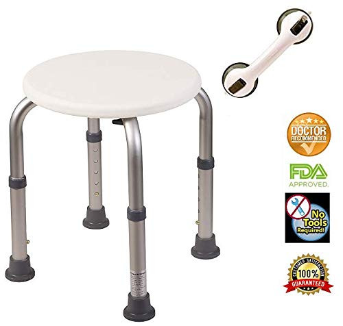 Healthline Trading Round Stool Bath Bench Adjustable Height, Lightweight Compact and Small Chair for Shower, with Non-Slip Seat, White and Free Balance Assist Suction Cup Grab Bar