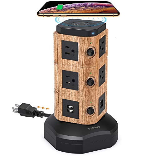 SUPERDANNY Surge Protector Tower with 10W Wireless Charger_ Spin Power Strip Tower Vertical Charging Station with 10 AC Outlets plus 4 USB Slots and 6_5ft