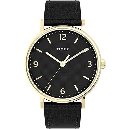 Timex Mens Southview 41mm Watch  Gold_Tone Case Black Dial with Black Leather Strap