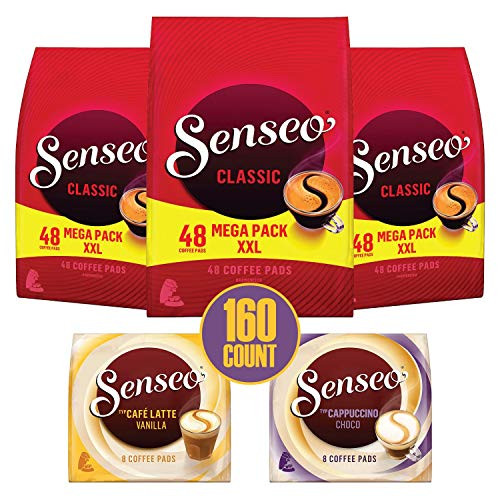 Senseo Coffee Pods Classic_Medium Roast with Winter Delight Samples _ Latte Vanilla and Cappucinno Choco Compostable Pads for SENSEO Coffee Maker_ Hot