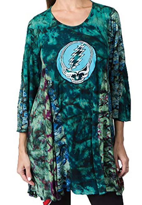 Jayli Terrapin 34 Sleeve Tie_Dye Patchwork Mini Dress with Steal Your Face Cutout  Grateful Dead  GD_W32_DTL_S Jayli Terrapin 34 Sleeve Tie_Dye Patchwork Mini Dress with Steal Your Face Cutout  Grateful Dead  GD_W32_DTL_S