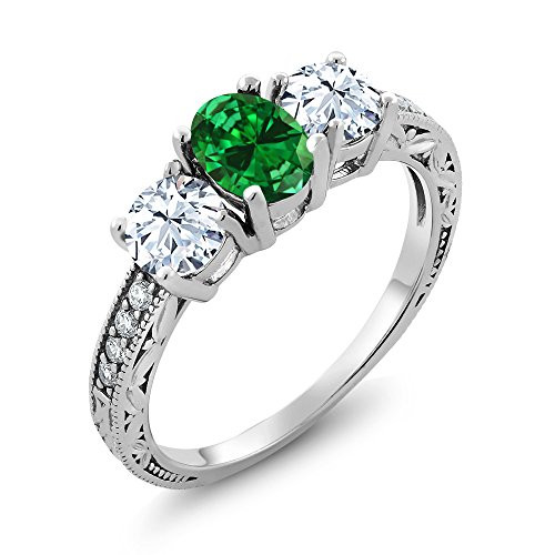 Gem Stone King 925 Sterling Silver Green Simulated Emerald Womens Ring  2_22 Ct Oval   Size 7