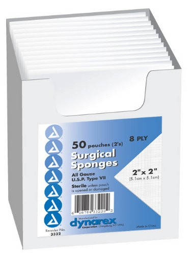 Dynarex Gauze Sponge 2X2 8 Ply Sterile - Box of 100 - Model 3322