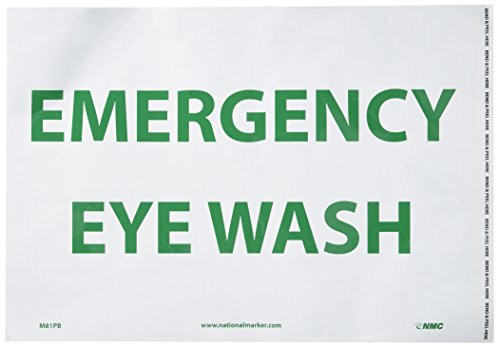 NMC M81PB Emergency and First Aid Sign Legend EMERGENCY EYE WASH 14 Length x 10 Height Pressure Sensitive Vinyl Green on White
