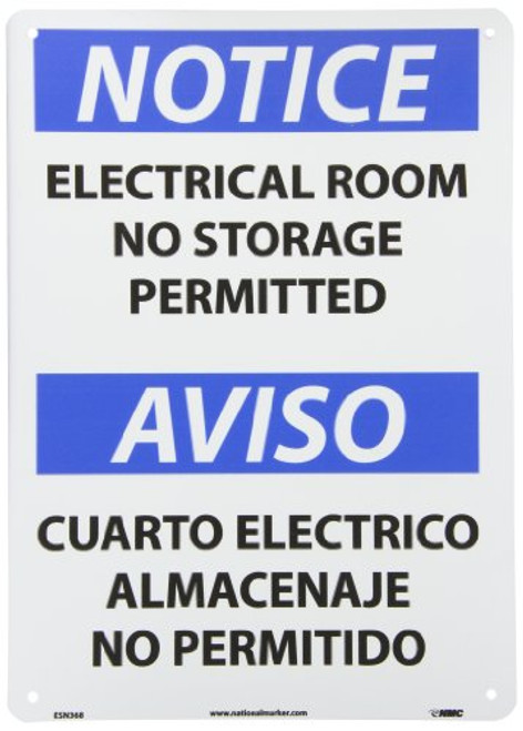 NMC ESN368RB Bilingual OSHA Sign Legend NOTICE - ELECTRICAL ROOM NO STORAGE PERMITTED 14 Length x 10 Height Rigid Plastic BlackBlue on White NMC ESN368RB Bilingual OSHA Sign Legend NOTICE - ELECTRICAL ROOM NO STORAGE PERMITTED 14 Length x 10 Height Rigid Plastic BlackBlue on White