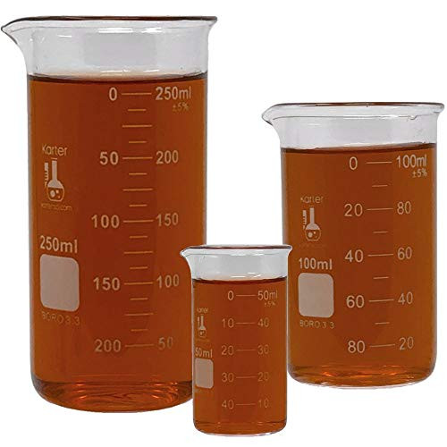 Glass Beaker Set Tall Form 3 Sizes - 50 100 and 250ml 3_3 Borosilicate Glass Double Scale Graduated Karter Scientific 213F18