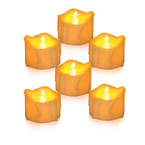 Youngerbaby 12pcs Amber Flickering LED Tea Lights Wax Dripped Battery Operated Candle Unscented Small Led Flameless Candles with Timer -6hr On-18 Hr Off for Christmas Wedding (12pcs Flickering Yellow)