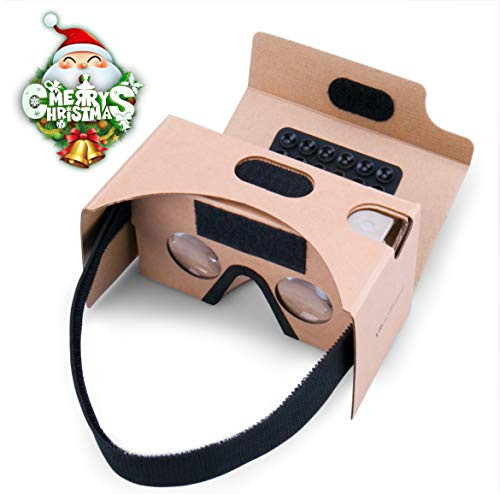 Google Cardboard, Splaks 3D VR Virtual Reality Glasses V2 with Sucker Head Strap Forehead Pad Nose Pad and Big Lens for Android and Apple Device Up to 6 Inch Easy Setup DIY Kit-Brown