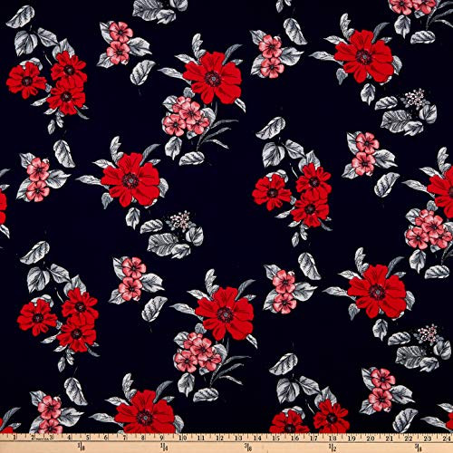 Fabric Merchants Rayon Challis Floral NavyCoral Fabric by the Yard