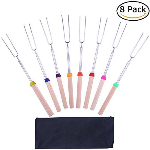 DIWENHOUSE Marshmallow Roasting Sticks, Extendable BBQ Forks Telescoping Barbecue Stainless Steel Grill Sticks for Fire Pit Camping Campfire, 8 Pieces Come With Waterproof Canvas Bag