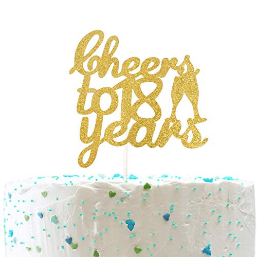 Cheers to 18 years Cake Topper Eighteen Birthday 18th Anniversary Party Decorations?Double Sided Gold Glitter