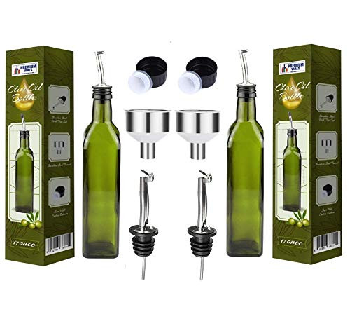 Olive Oil Dispenser Bottle - 2 Pack of 17oz Glass Olive Oil Bottles with Easy Pour Spout Set - Oil and Vinegar Cruet Set with Food Grade Funnel Drip-Free Olive Oil Carafe Decanter for Kitchen