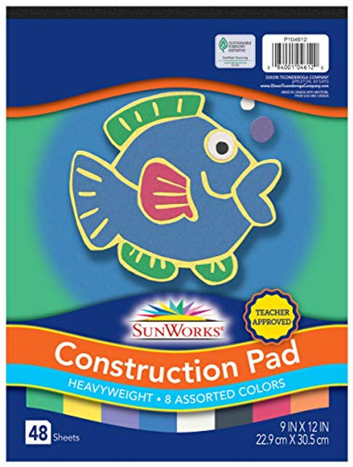 Pacon SunWorks Heavyweight Construction Paper Pad 8 Assorted Colors 9 x 12 48 Sheets