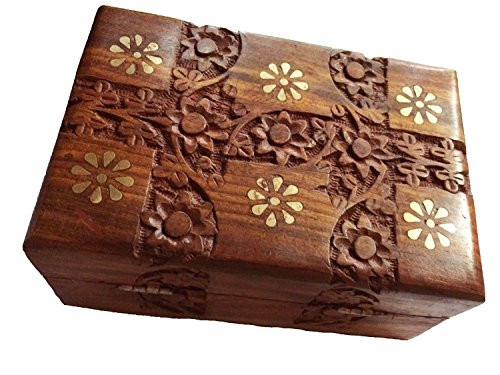 IndiaBigShop Wooden Handmade Beautiful Flower Carving and Brass Inlay Work with Velvet Interior Decorative Trinket Jewelry Box Organiser 6 Inch IndiaBigShop Wooden Handmade Beautiful Flower Carving and Brass Inlay Work with Velvet Interior Decorative Trinket Jewelry Box Organiser 6 Inch