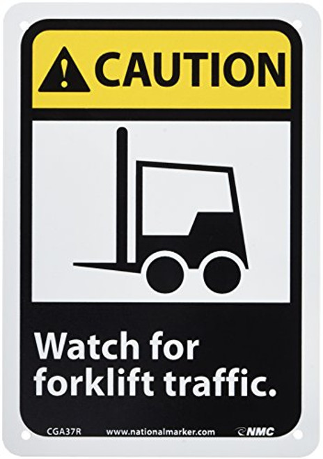 NMC CGA37R OSHA Sign Legend CAUTION - Watch for forklift traffic with Graphic 10 Length x 7 Height Rigid Plastic YellowBlack on White