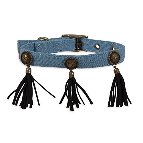MuttNation Fueled by Miranda Lambert Denim Concho  and  Fringe Custom Fit Dog Collar Blue
