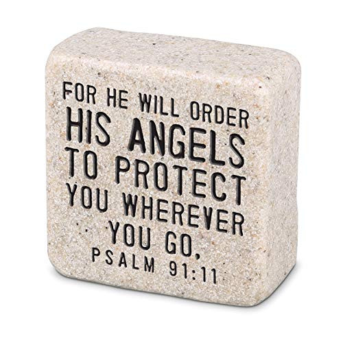 Lighthouse Christian Products His Angels Will Protect Scripture Block 2_25 x 2_25 Cast Stone Plaque