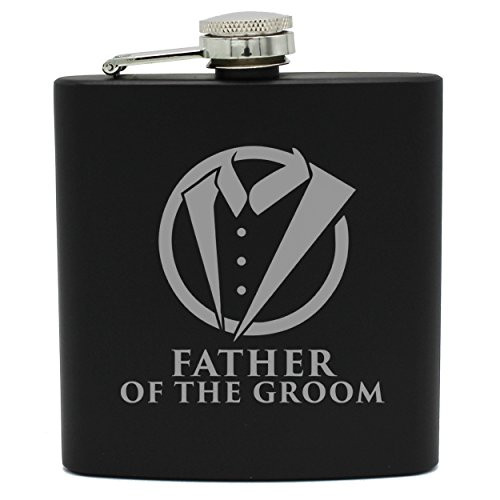 Tuxedo Hip Black Flask for Groomsmen, Best Man, Groom (Father of the Groom, 6oz Flask Only)