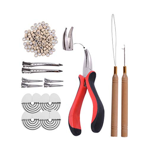 200pcs Micro Silicone Rings Hair Extensions Kit I-tip Hair Pliers Micro Pulling Needle Loop Threader and Micro Silicone Links Gray Blonde