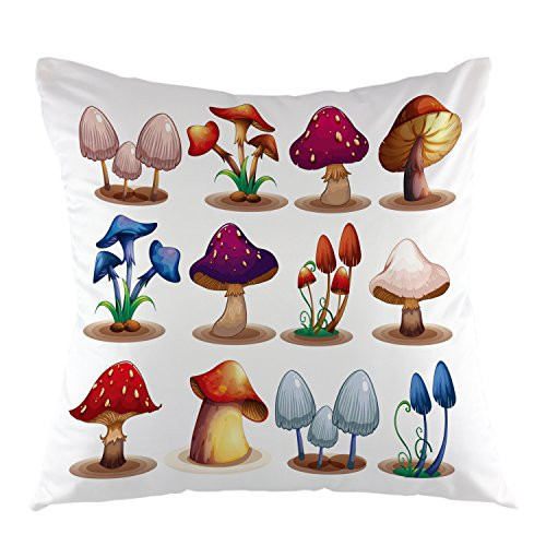 oFloral Home Decorative Pillowcase Mushroom Variety Throw Pillow Case Square Cushion Cover for Sofa Bed Chair Couch Living Room Decoration 18 x 18 Inch Red White Blue