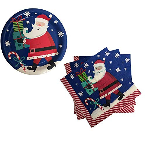 Holiday Christmas Santa Party Supplies Serves 18 People Includes 18 Large Paper Plates and 20 Party Napkins