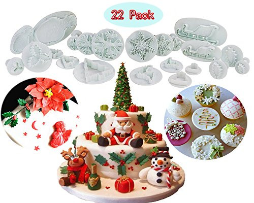 （Set of 22）Plastic Cookie Plunger Cutters Set Fondant Cutters and Molds for Cupcake Cake Topper Decorating Tools Holiday Baking snowflake Christmas Tree/holly Leaf/sled/Snowman/Jingling Bell/deer