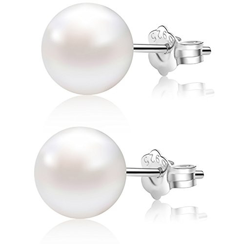 Alyc Pearl Earrings 9mm Freshwater Pearl White Button Stud Earrings with 925 Sterling Silver for Women(9.0-9.5mm)