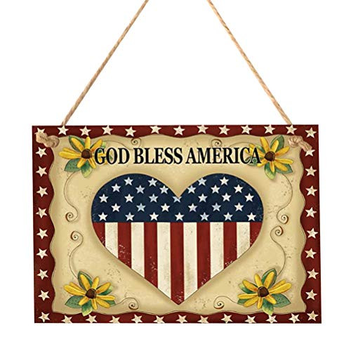 LIOOBO God Bless America 4th of July Wooden American Flag Wall Hanging Plaque Sign for Patriotic Independence Day Fourth of July Decorations Ornaments?Heart Flag Pattern