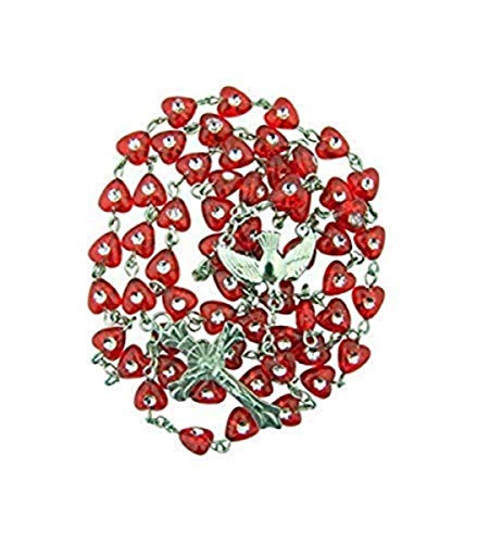 Religious Gifts Acrylic Red Heart Bead Confirmation Rosary with Holy Dove Center 19 Inch