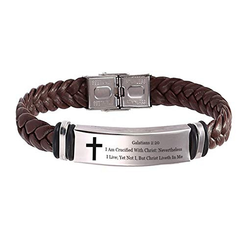 NJ Bible Verse Bracelet for Men - Stainless Steel Braided Leather Galatians 2 20 Cross Scripture Quote Cuff Bracelets Baptism Christian Jewelry for HusbandBoyfriendDadSonNephew Gift