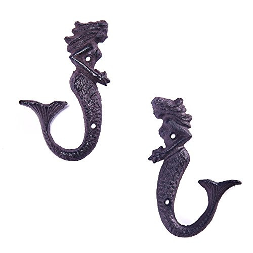 Mermaid Cast Iron Wall Hooks Set of 2