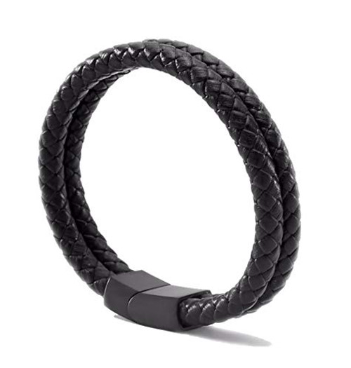 Meangel Genuine Leather Bracelet for Men Stainless Steel Braid Bangle with Magnetic Buckle Clasp
