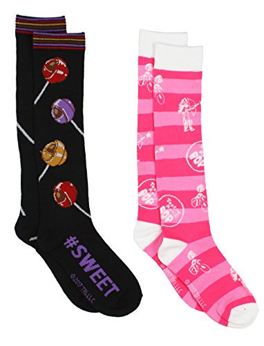 Charms Candy Tootsie Roll Pop Womens 2 pack Knee High Socks Shoe 4-10 Sock 9-11 PinkBlack Tootsie Pop