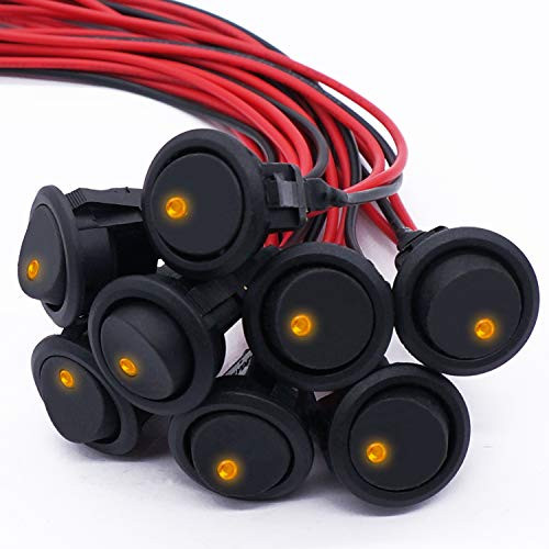 Twidec8Pcs SPST Round Dot Lighted Rocker Switch Toggle Control For Car Or Boat 20A 12V DC OnOff Yellow LED Light with Pre-soldered Wires KCD2-102N-Y-X