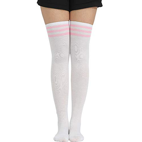 Womens Casual Athlete Striped Over Knee Thin Thigh High Tights Long Stocking Socks White-Pink Stripe