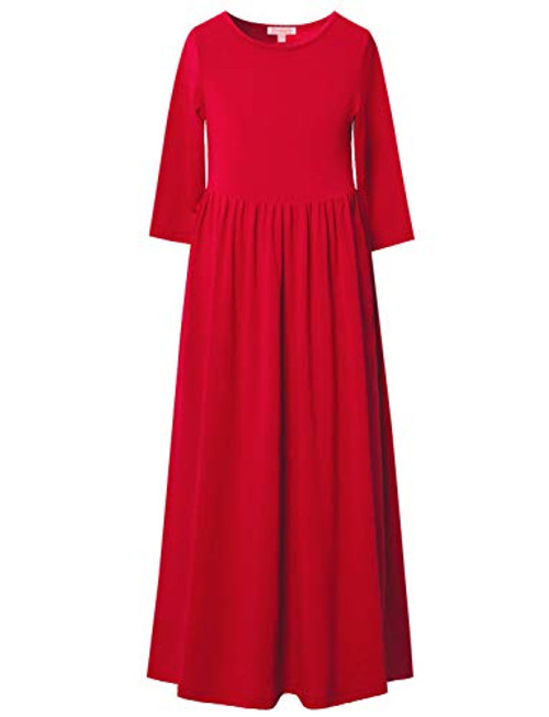 Big Girls Long Dresses 7-16 Ankle Length Maxi Dress Casual Red 34 Sleeve