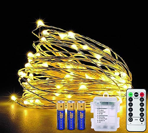 INDIGOOO 32.8ft LED Copper String 100-Light Warm White Remote Control, 3AA Batteries Included, Waterproof Decorative Lights Bedroom, Garden, Wedding, Gate, Parties.