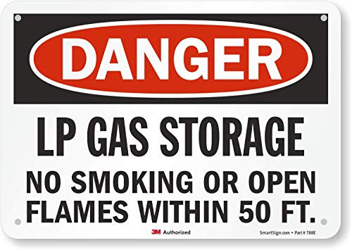 Smartsign U3-1782-RA-10X7Danger LP Gas Storage NO Smoking OR Open Flames Within 50 FT_ Reflective Recycled Aluminum Sign 10 x 7
